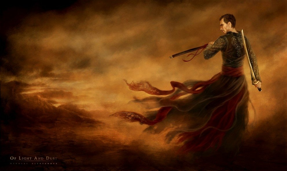 A dark warrior stands poised in a windswept landscape, wielding a sword, embodying strength and determination against a dramatic, fiery sky.