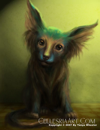 A whimsical fantasy creature resembling a small dog, with large ears and a colorful, ethereal appearance, sits against a softly illuminated background.