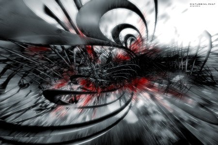 An abstract artistic composition featuring dynamic swirls and sharp lines in shades of black, white, and striking red, creating a sense of movement and energy.
