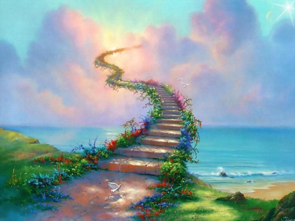 Fantasy scene: a flower-lined stone staircase rises from a sandy shore, winding up into glowing pastel clouds and a radiant sky.