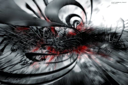 An abstract artistic composition featuring dynamic swirls and sharp lines in shades of black, white, and striking red, creating a sense of movement and energy.