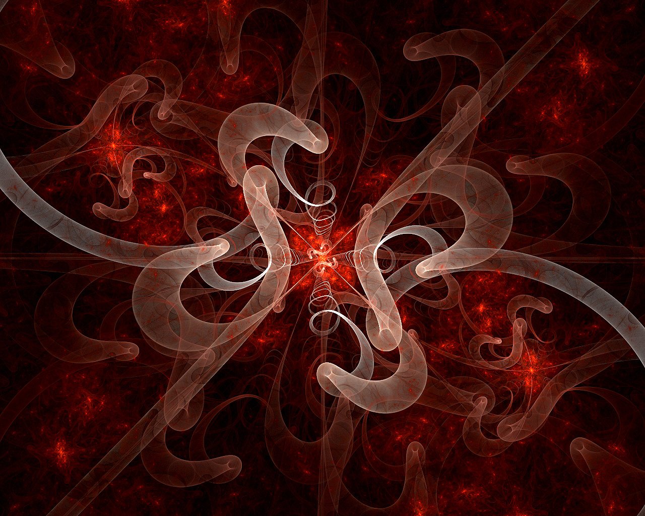 An intricate abstract fractal design featuring swirling shapes in shades of red and white, creating a dynamic and harmonious visual composition.