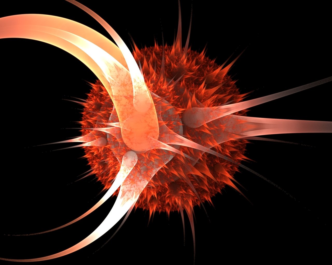 An abstract fractal design featuring a fiery, spiky sphere with elongated, fluid shapes emerging from it against a dark background.