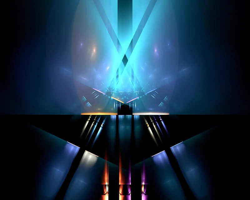 A vibrant abstract fractal artwork featuring illuminated geometric shapes and dynamic light patterns, creating a captivating visual depth and contrast.