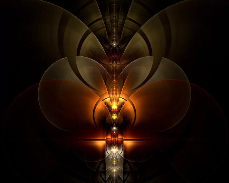 An abstract fractal image featuring intricate patterns of glowing shapes and curves in deep tones of gold, brown, and black, creating a mesmerizing sense of depth and complexity.