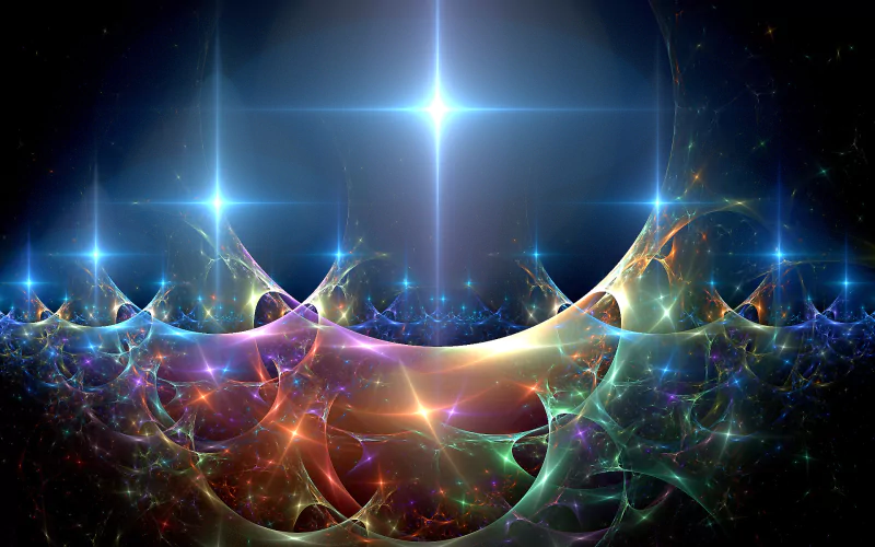 An enchanting abstract fractal design featuring vibrant colors and radiant stars set against a dark background, creating a mesmerizing cosmic atmosphere.