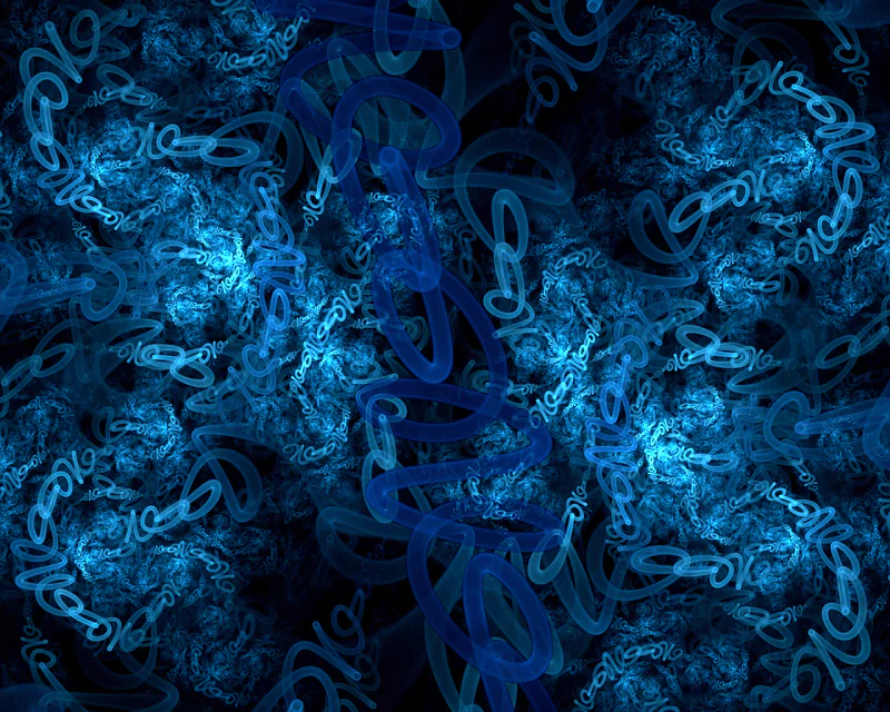 An abstract fractal design featuring intricate patterns in various shades of blue, swirling against a dark background, creating a sense of depth and movement.