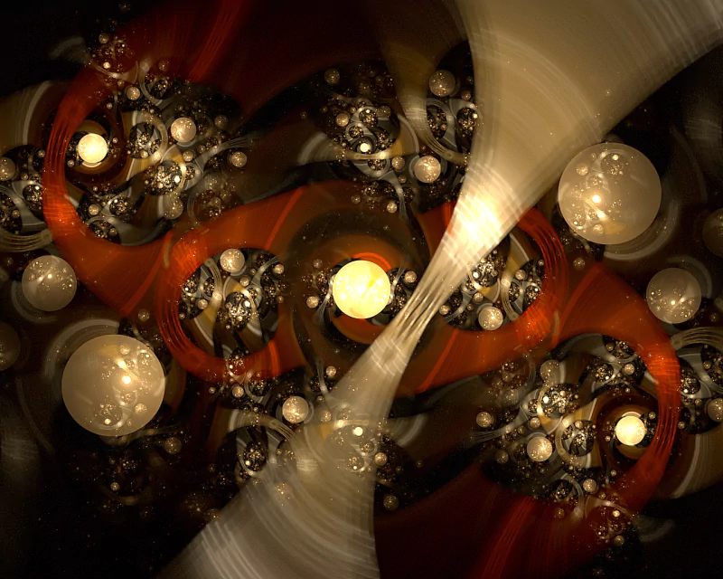 An intricate abstract fractal design featuring swirling patterns, luminous orbs, and a rich color palette, creating a mesmerizing visual experience.