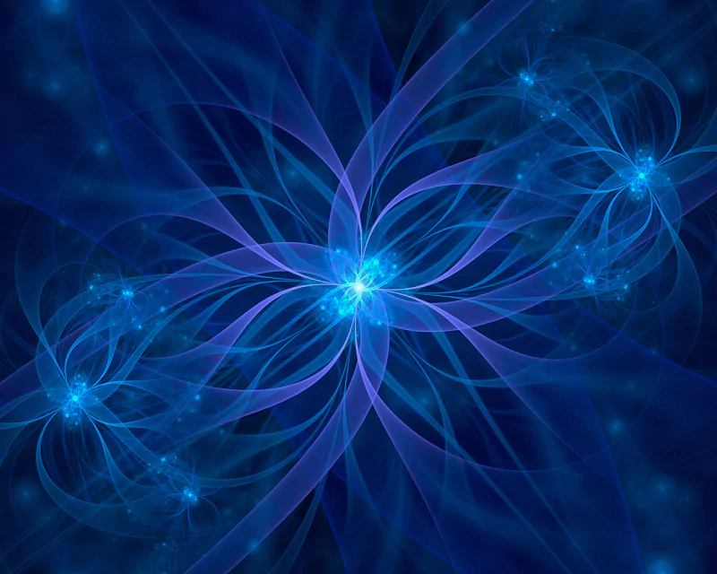 An intricate abstract fractal design featuring swirling blue and violet lines radiating from luminous centers, set against a dark background.