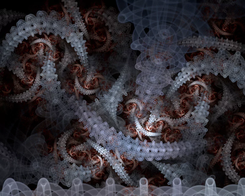 An intricate abstract fractal pattern featuring swirling shapes and contrasting colors, creating a dynamic sense of movement and depth against a dark background.