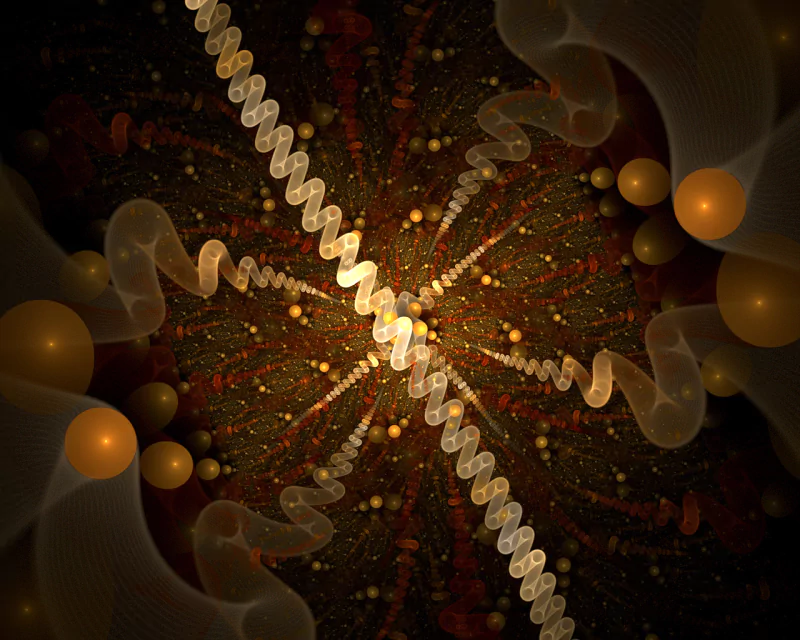 An intricate abstract fractal design featuring swirling patterns, glowing spheres, and a harmonious interplay of light and dark.