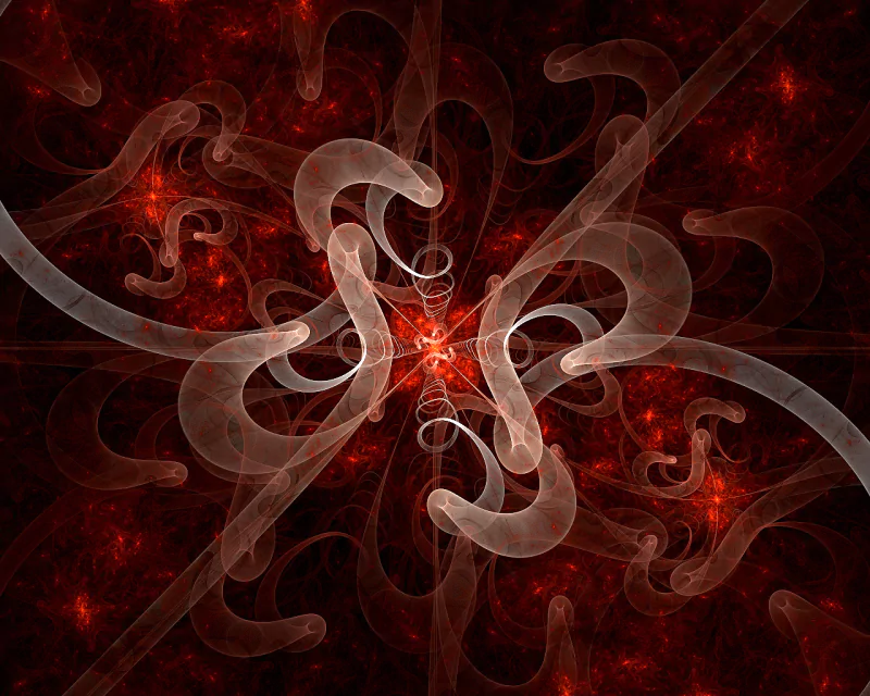 An intricate abstract fractal design featuring swirling shapes in shades of red and white, creating a dynamic and harmonious visual composition.