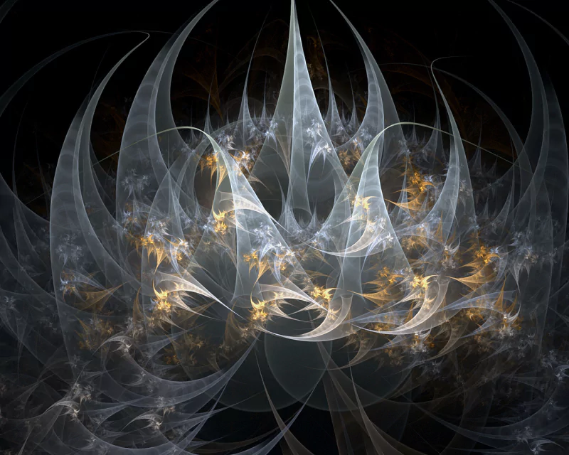 An intricate abstract design featuring delicate, swirling fractals in shades of white and gold against a dark background, creating a sense of depth and complexity.