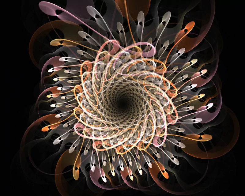An intricate abstract fractal design features a swirling pattern of soft colors, creating a mesmerizing visual effect against a dark background.