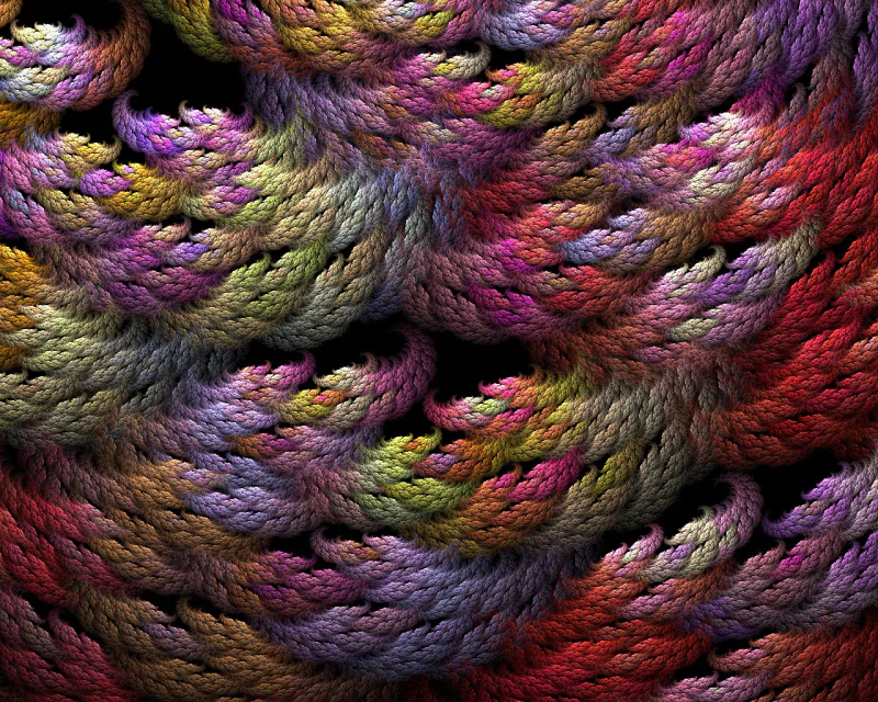 An abstract fractal design featuring vibrant, swirling patterns that resemble intertwined ropes in a rich palette of colors, creating a dynamic visual texture.