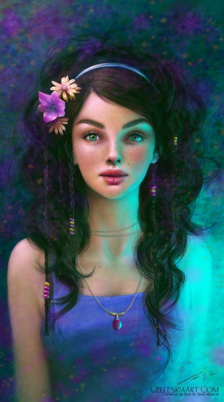 A pretty woman with long, dark hair adorned with flowers and jewelry gazes thoughtfully, surrounded by a vibrant, colorful background.