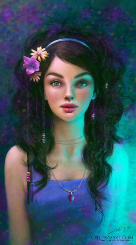 A pretty woman with long, dark hair adorned with flowers and jewelry gazes thoughtfully, surrounded by a vibrant, colorful background.