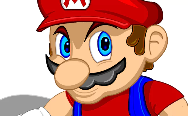 Close-up of Mario, the iconic video game character, wearing his red hat and blue overalls with bright blue eyes and a prominent mustache.