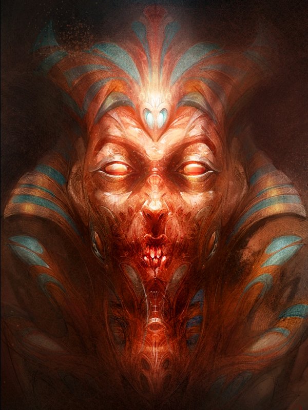 A vibrant fantasy illustration featuring an Egyptian-inspired figure with glowing eyes and intricate patterns, evoking a sense of mystique and ancient power.