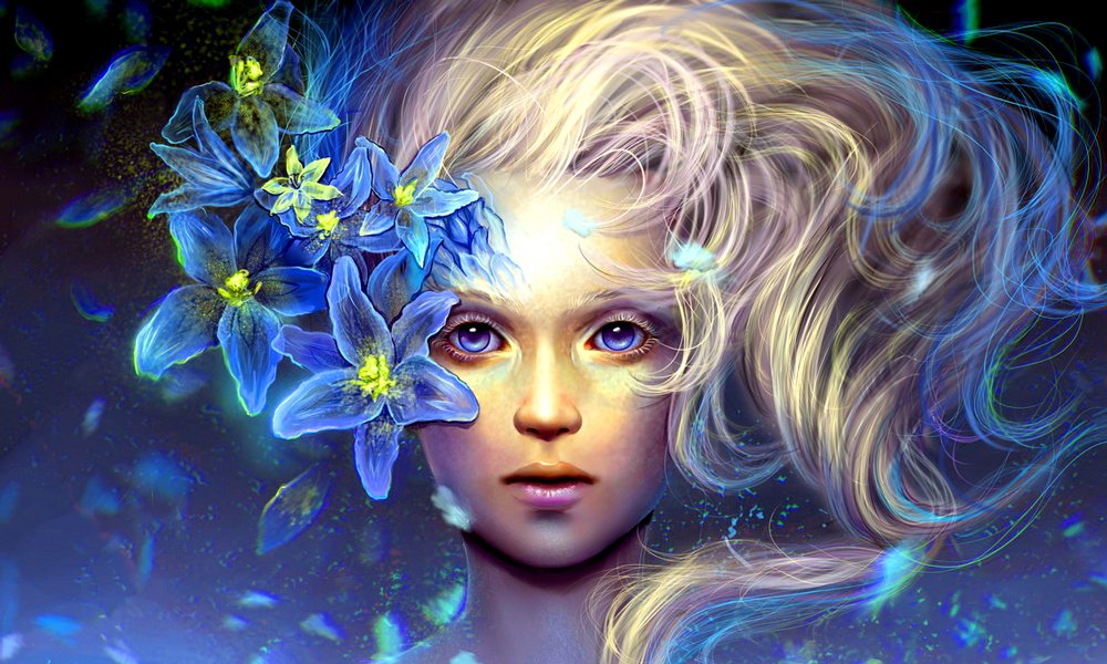 A fantasy portrait of a woman with luminous skin and flowing hair adorned with vibrant blue flowers, surrounded by ethereal light and shimmering particles.