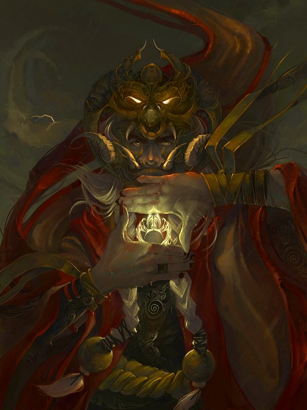 A powerful figure in elaborate fantasy attire, adorned with a striking mask and vibrant robes, grasping a glowing orb, evoking a sense of mystery and magic in an Elric-inspired scene.