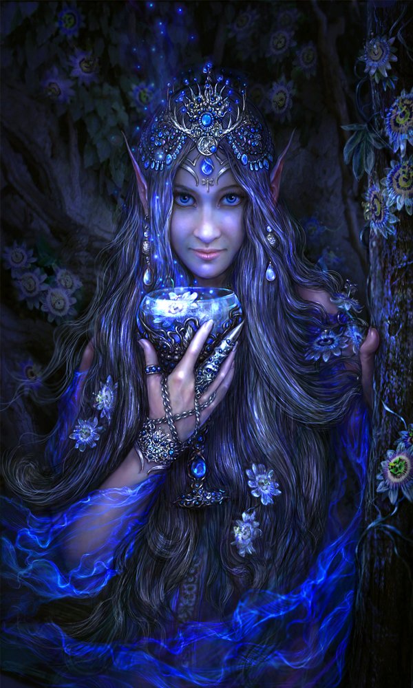 A mystical fairy with long, flowing hair adorned with jewels, holding a sparkling goblet surrounded by ethereal blue light and blooming flowers in a fantasy woodland setting.