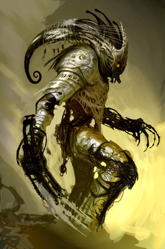 A dark creature stands menacingly, its twisted form adorned with intricate designs and glowing eyes, radiating an eerie and unsettling presence against a muted background.