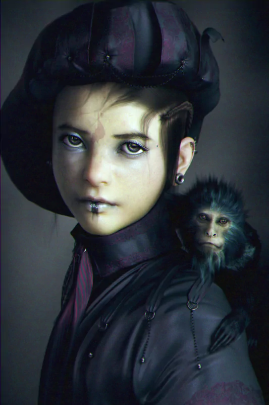 A dark, gothic portrait of a young person with striking features, adorned in a stylish hat, accompanied by a curious monkey perched on their shoulder.