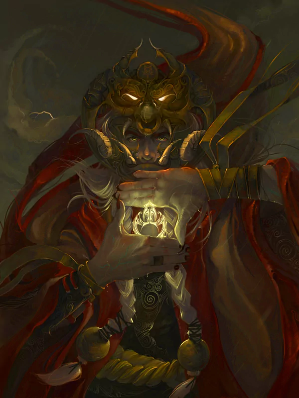 A powerful figure in elaborate fantasy attire, adorned with a striking mask and vibrant robes, grasping a glowing orb, evoking a sense of mystery and magic in an Elric-inspired scene.