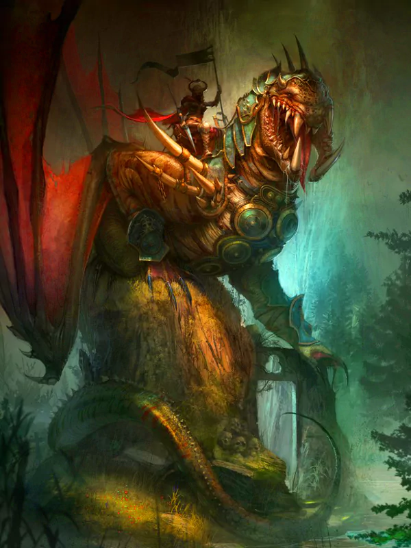 A majestic dragon adorned with intricate armor towers over a forest. A warrior rides atop, surrounded by vibrant colors and a mystical atmosphere, embodying the essence of fantasy.