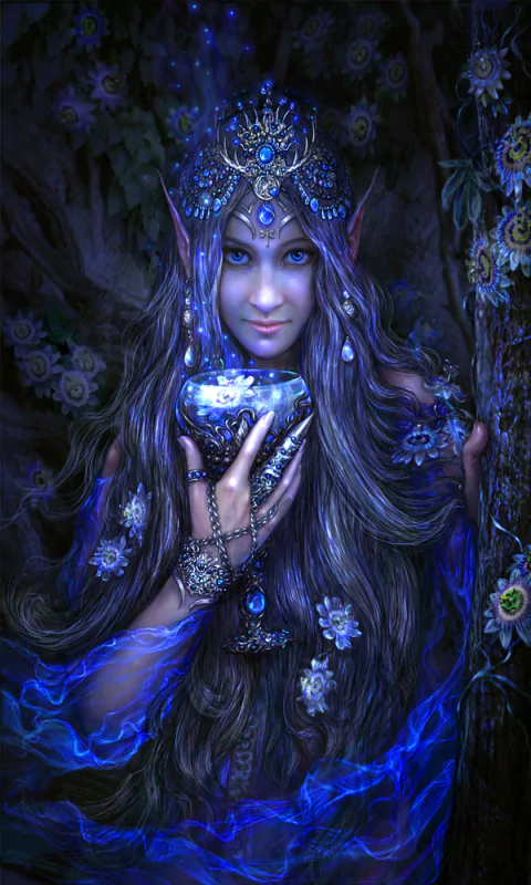 A mystical fairy with long, flowing hair adorned with jewels, holding a sparkling goblet surrounded by ethereal blue light and blooming flowers in a fantasy woodland setting.