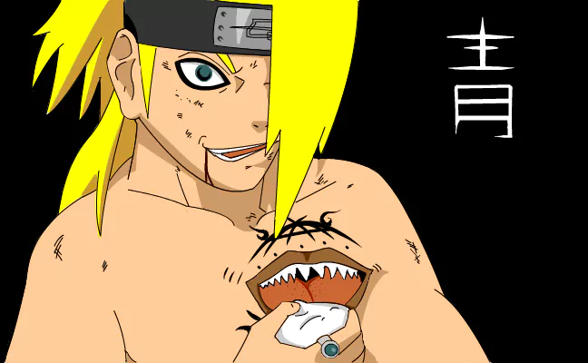 A character from Naruto with bright yellow hair and a headband smiles mischievously, revealing a mouth-like wound on their torso, set against a dark background.