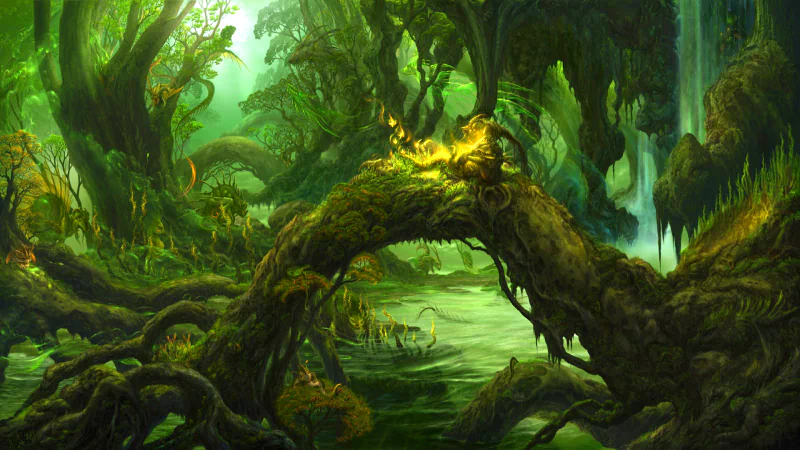 A vibrant fantasy landscape features lush greenery and a winding tree root over a serene water body, evoking a mystical atmosphere where a dragon might dwell.