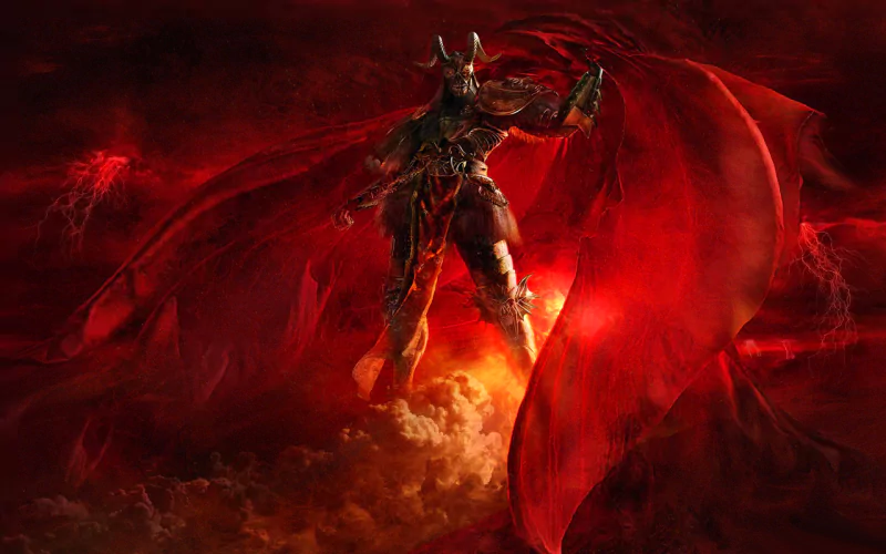 A dark fantasy scene depicts a demon in a flowing red cape, surrounded by flames and ominous clouds, exuding a powerful and menacing presence.