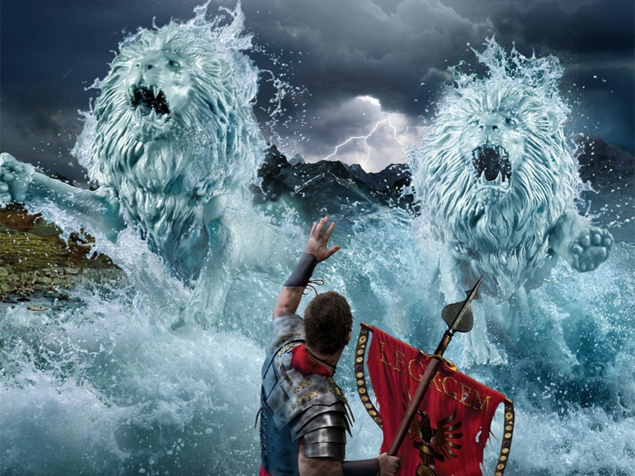 A brave warrior faces two mythical ice lions emerging from tumultuous waves, set against a stormy backdrop, capturing a vivid fantasy scene full of drama and adventure.