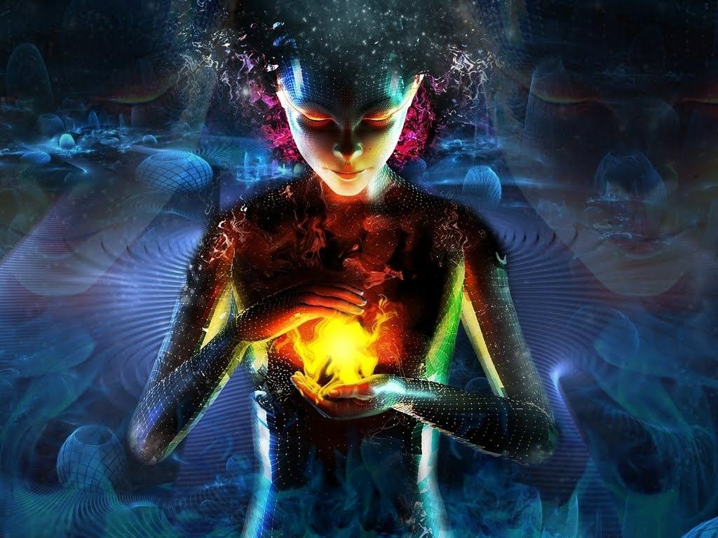 A mesmerizing figure surrounded by ethereal elements cradles a glowing orb, embodying the essence of fantasy and magic in a vibrant, otherworldly scene.