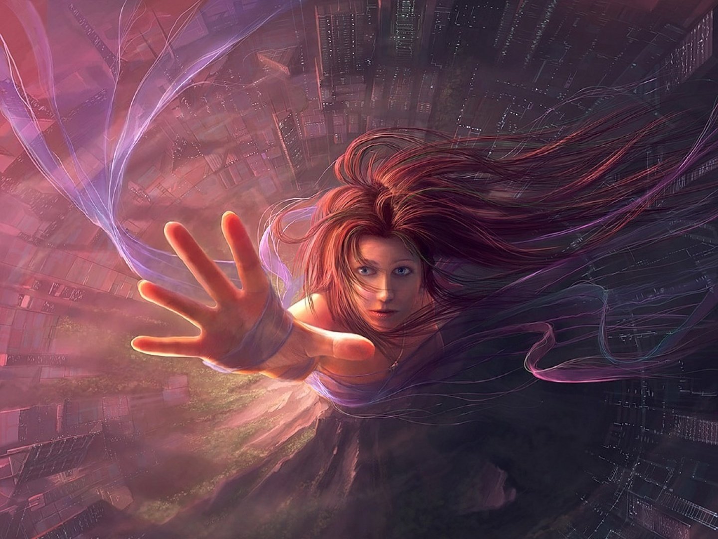 A fantasy scene featuring a woman with flowing hair, reaching out amid swirling colors and ethereal patterns, evoking a sense of wonder and magic.