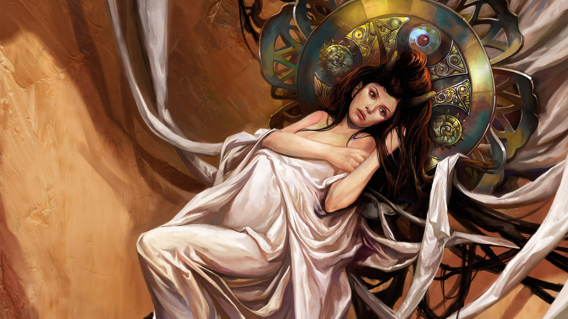 A serene woman draped in flowing fabric, surrounded by intricate patterns and earthy tones, embodies the essence of fantasy in this captivating artwork.