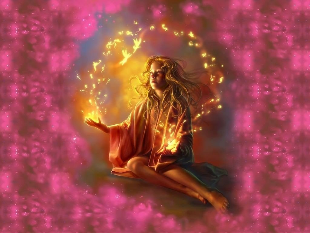 A magical scene features a young woman seated, effortlessly conjuring glowing orbs of light with her hands, surrounded by a vibrant fantasy backdrop infused with whimsical energy.