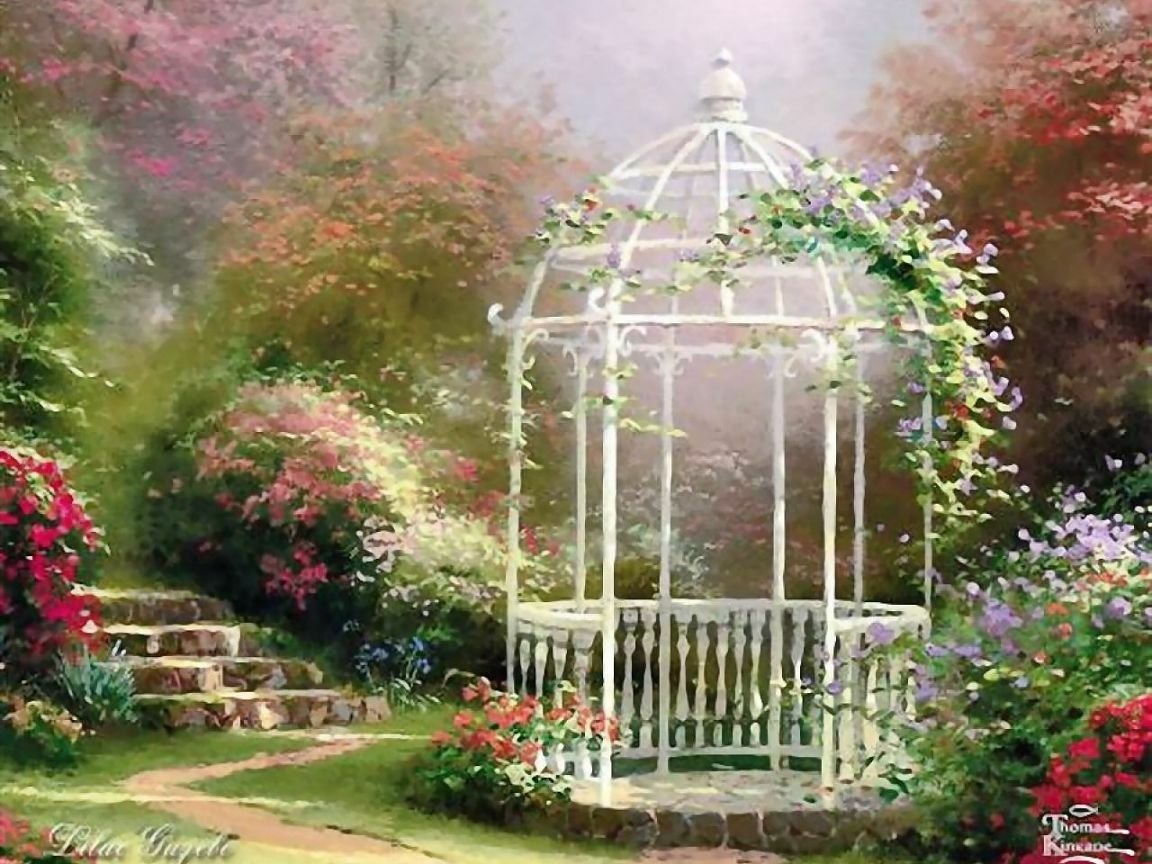 A serene garden scene with a white gazebo surrounded by vibrant flowers and lush greenery, captured beautifully in this artistic painting.