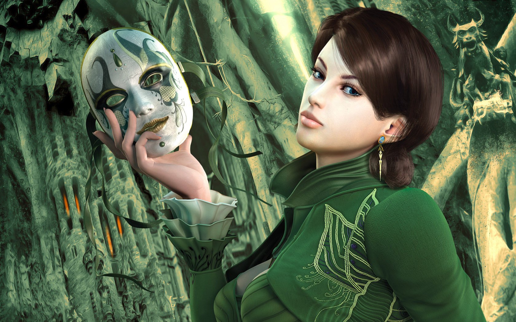 A character from the video game Guild Wars, holding a decorative mask. She wears a stylish green outfit and stands against a mystical, leaf-covered backdrop.