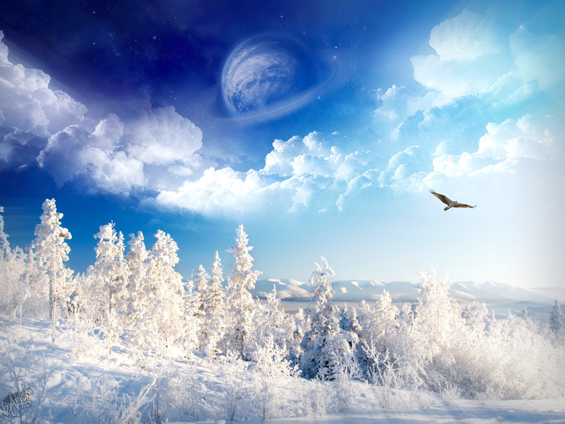 A serene fantasy landscape features snowy trees, a bright blue sky, and a distant planet, with an eagle soaring gracefully above the winter scene.