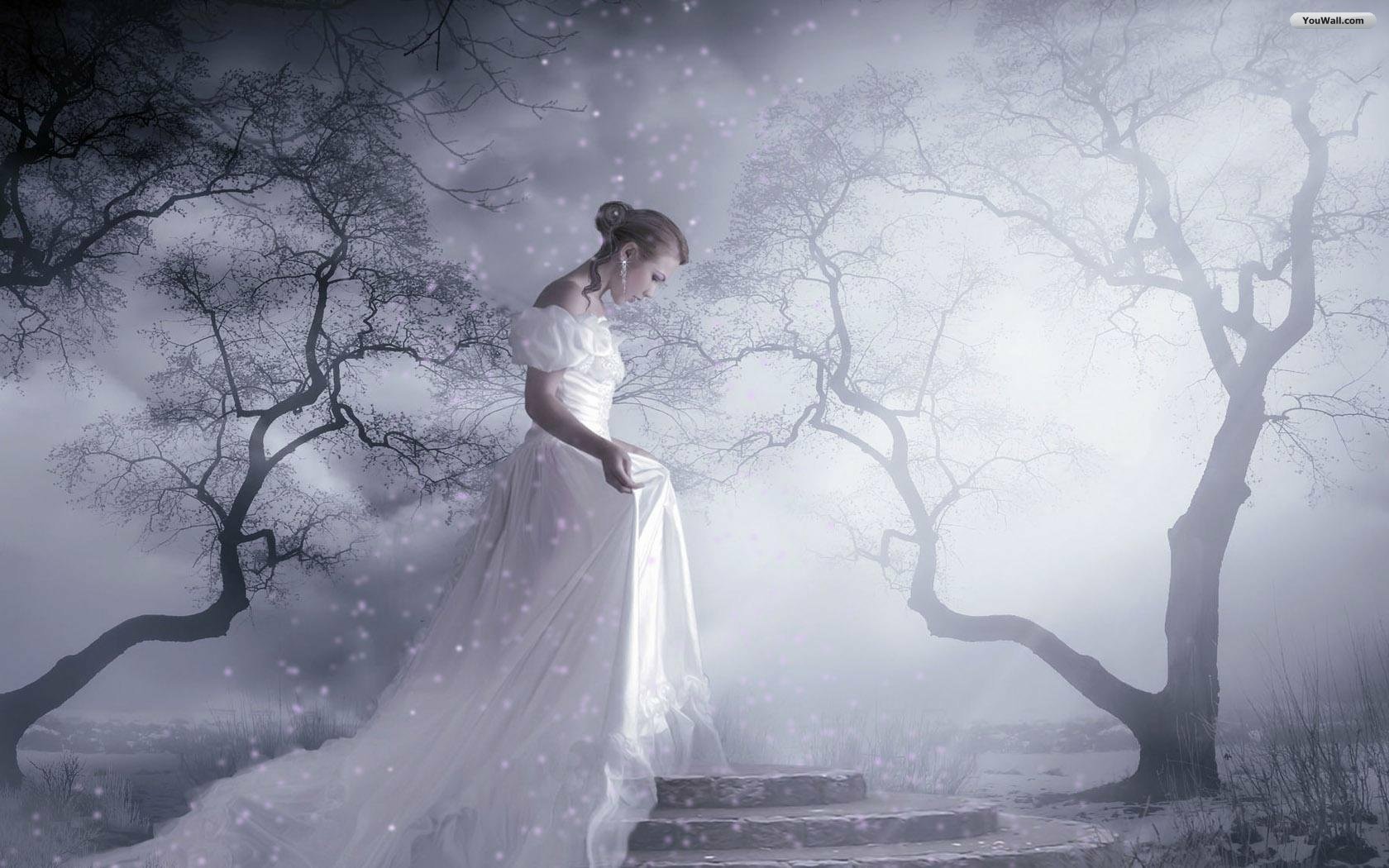 A woman in a flowing white dress stands on steps in a mystical, snowy landscape, surrounded by bare trees and a foggy atmosphere, evoking a sense of fantasy and enchantment.