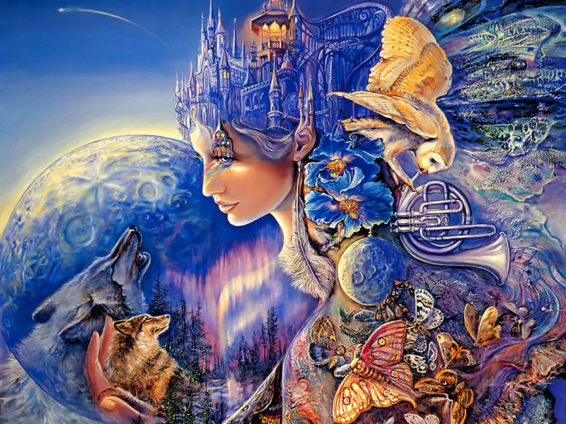 A vibrant, artistic fantasy scene depicting a woman's profile surrounded by mystical elements like a castle, animals, and flowers, blending nature and imagination harmoniously.
