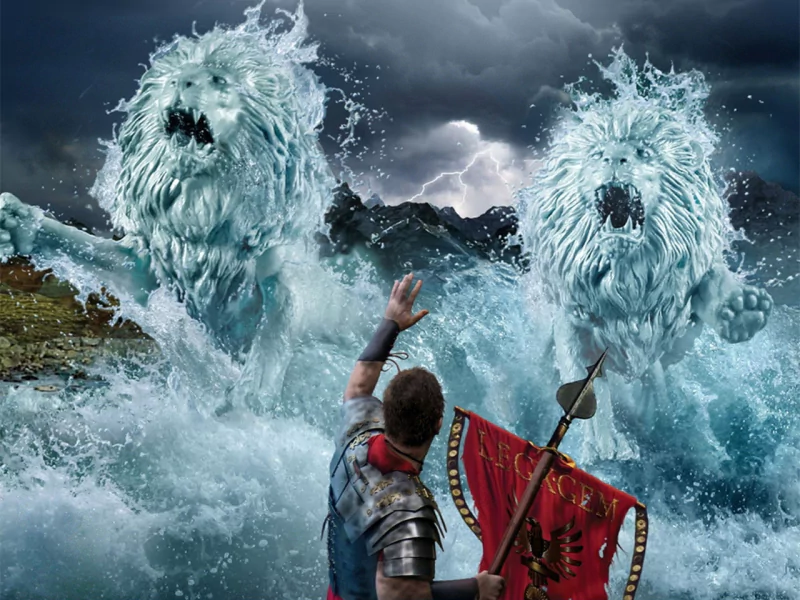A brave warrior faces two mythical ice lions emerging from tumultuous waves, set against a stormy backdrop, capturing a vivid fantasy scene full of drama and adventure.