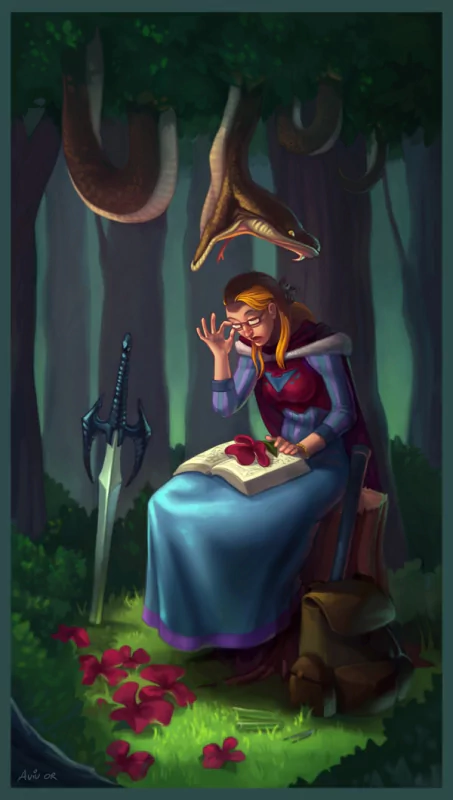 A woman in a forest sits on a stump, engrossed in a book surrounded by rose petals. A snake hangs above her, adding a sense of fantasy to the scene. 