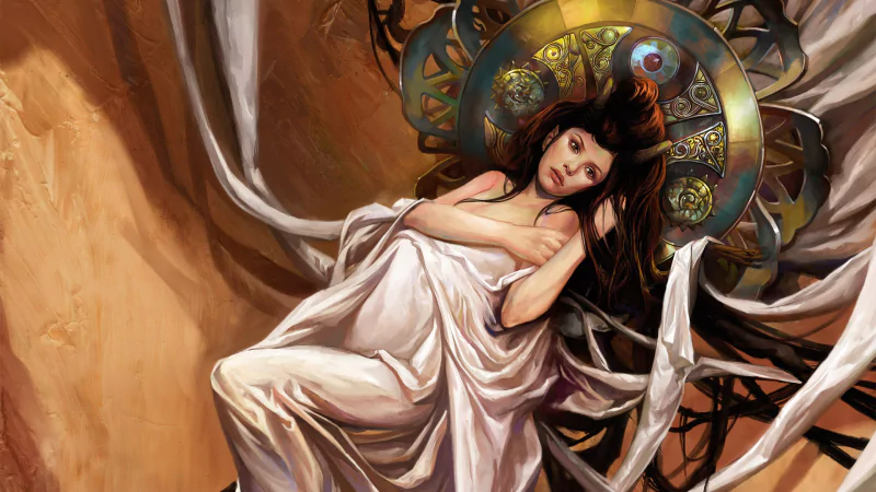 A serene woman draped in flowing fabric, surrounded by intricate patterns and earthy tones, embodies the essence of fantasy in this captivating artwork.
