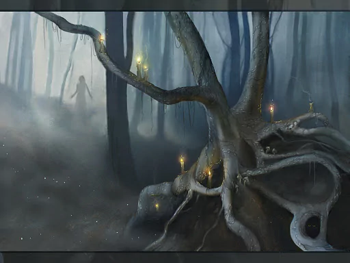 A dark fantasy scene featuring a twisted, gnarled tree with glowing candles, surrounded by misty woods and a shadowy figure in the background, creating an enchanting yet eerie atmosphere.