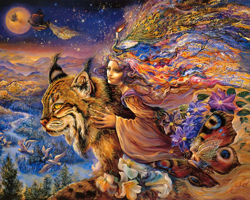 A fantastical scene featuring a young girl with vibrant, flowing hair riding a majestic lynx, surrounded by colorful butterflies and a magical landscape under a starry sky.