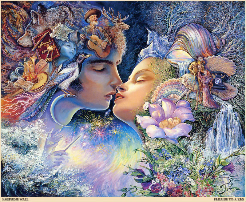 A vibrant, fantasy-inspired artwork featuring two figures in a tender kiss, surrounded by nature, music, and ethereal elements, creating a captivating dreamlike scene.